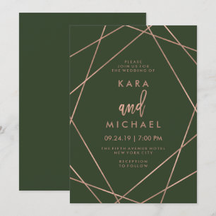 Faux Rose Gold Geometric   Deep Green Wedding Invitation