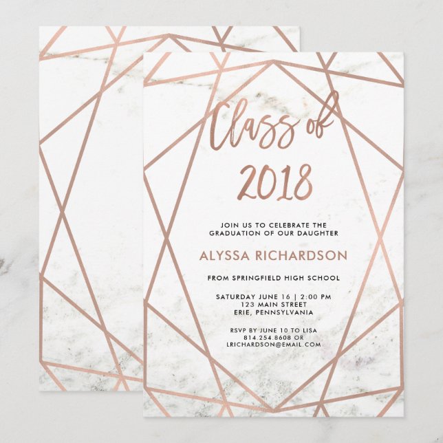 Faux Rose Gold Geometric | Marble Graduation Party Invitation (Front/Back)