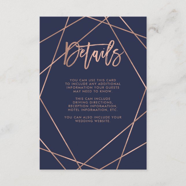Faux Rose Gold Geometric | Navy Blue Guest Details Enclosure Card (Front)