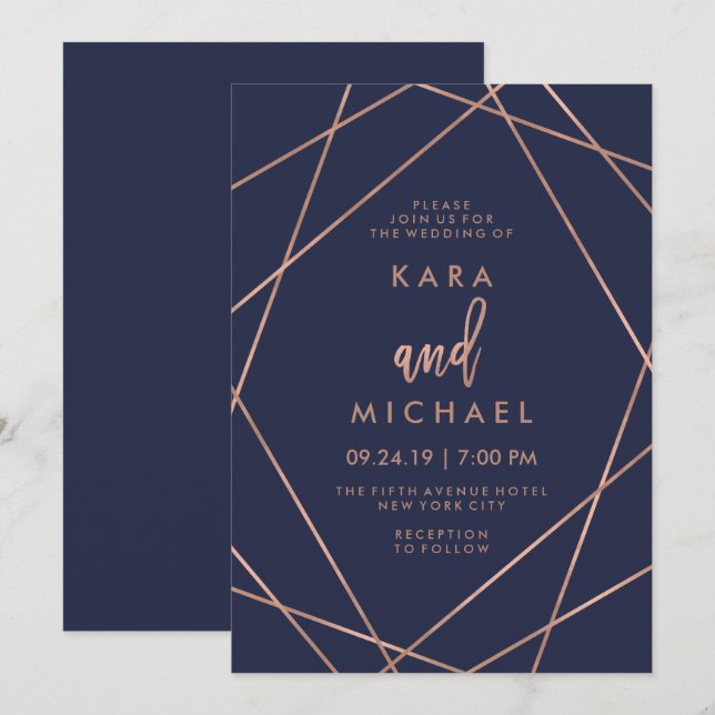 Faux Rose Gold Geometric | Navy Blue Wedding Invitation (Front/Back)
