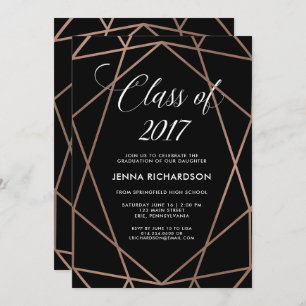 Faux Rose Gold Geometric on Black Graduation Party Invitation