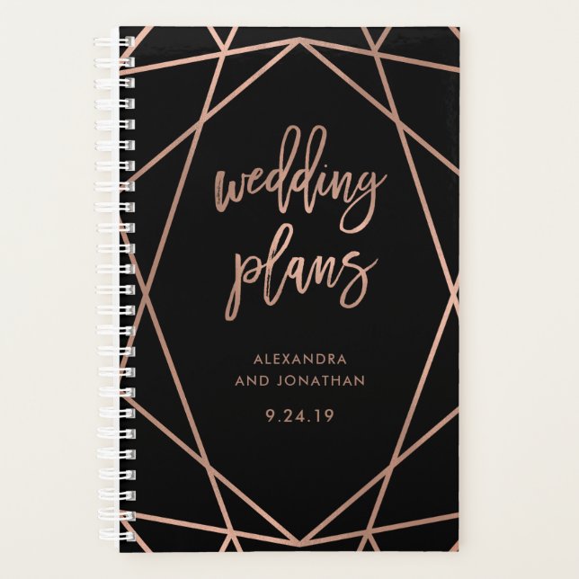 Faux Rose Gold Geometric on Black Wedding Planner (Front)