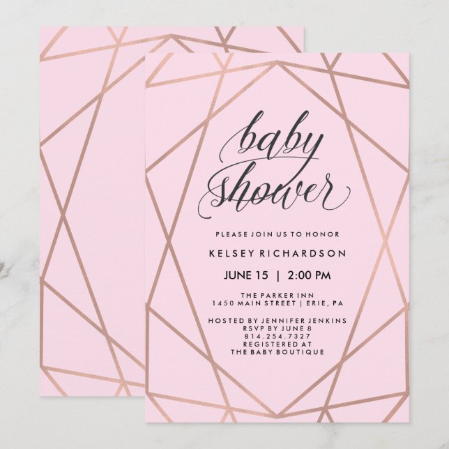 Faux Rose Gold Geometric on Blush Pink Baby Shower Invitation (Front/Back)