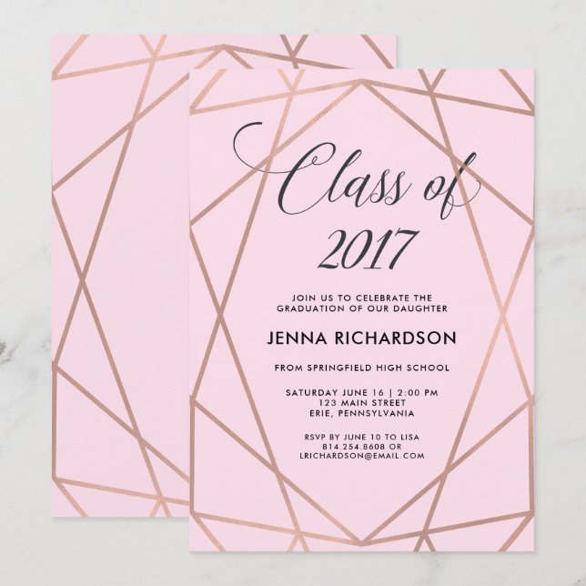 Faux Rose Gold Geometric on Blush Pink Graduation Invitation (Front/Back)
