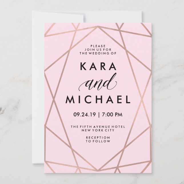 Faux Rose Gold Geometric on Blush Pink Wedding Invitation (Front)