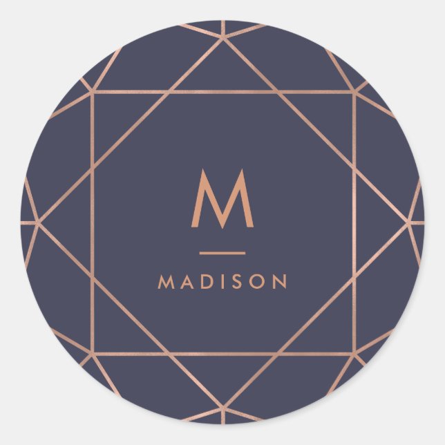 Faux Rose Gold Geometric on Midnight Blue Classic Round Sticker (Front)