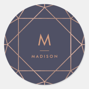 Faux Rose Gold Geometric on Midnight Blue Classic Round Sticker