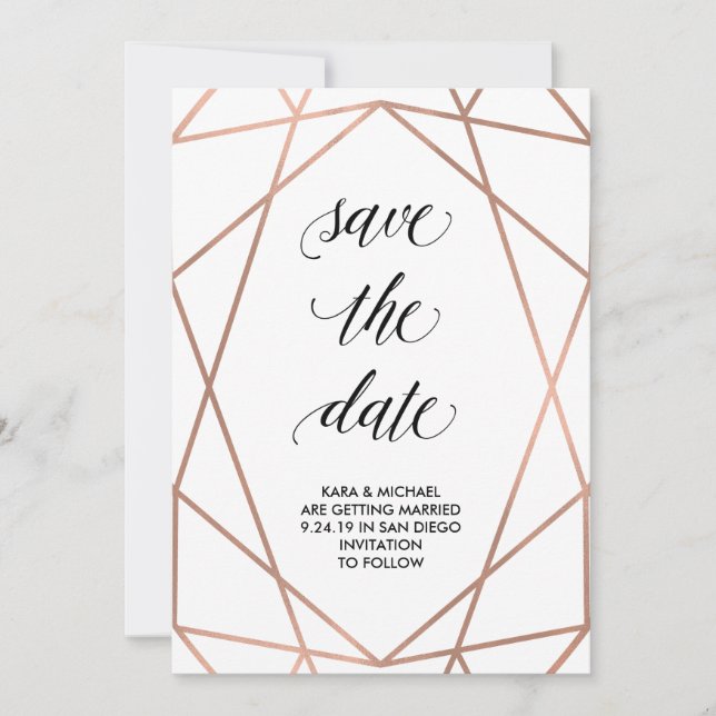 Faux Rose Gold Geometric Save the Date | Photo (Front)