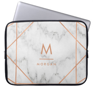 Faux Rose Gold Geometric   White Marble Look Laptop Sleeve