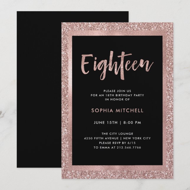 Faux Rose Gold Glitter | 18th Birthday Party Invitation (Front/Back)