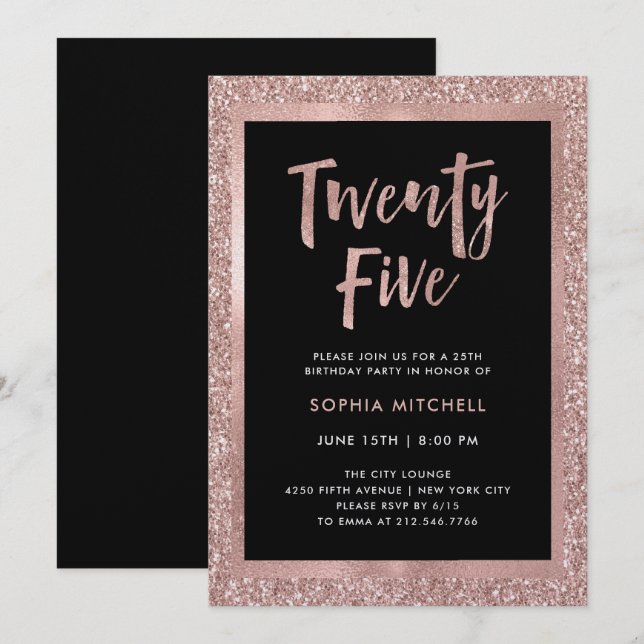 Faux Rose Gold Glitter | 25th Birthday Party Invitation (Front/Back)