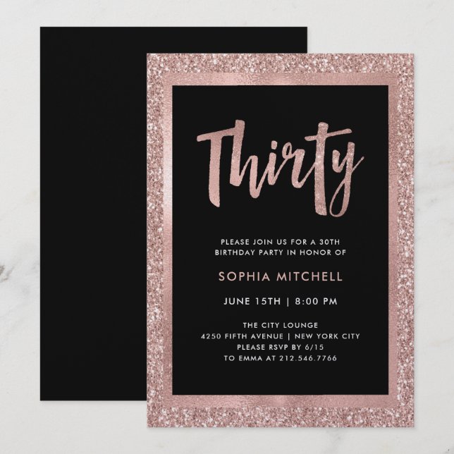 Faux Rose Gold Glitter |  30th Birthday Party Invitation (Front/Back)