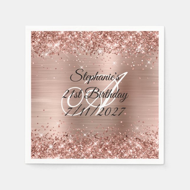 Faux Rose Gold Glitter and Foil 21st Birthday Napkin (Front)