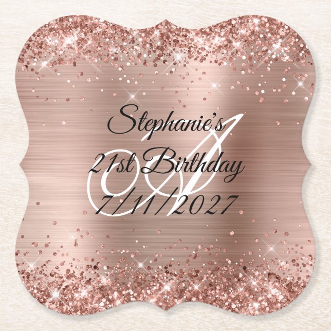 Faux Rose Gold Glitter and Foil 21st Birthday Paper Coaster (Front)