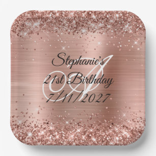 Faux Rose Gold Glitter and Foil 21st Birthday Paper Plate