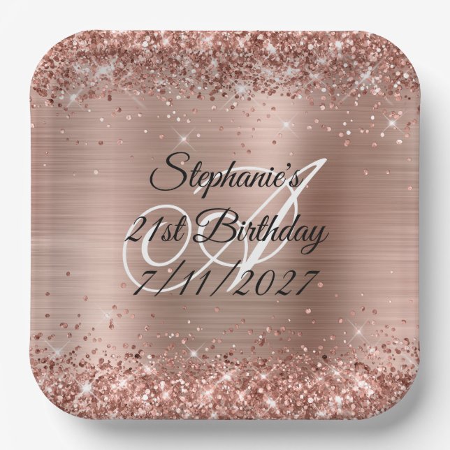 Faux Rose Gold Glitter and Foil 21st Birthday Paper Plate (Front)