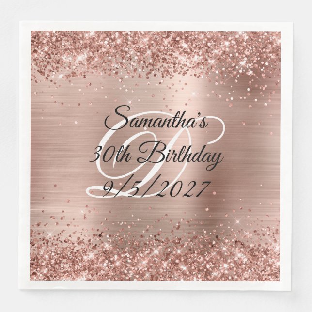 Faux Rose Gold Glitter and Foil 30th Birthday Napkin (Front)
