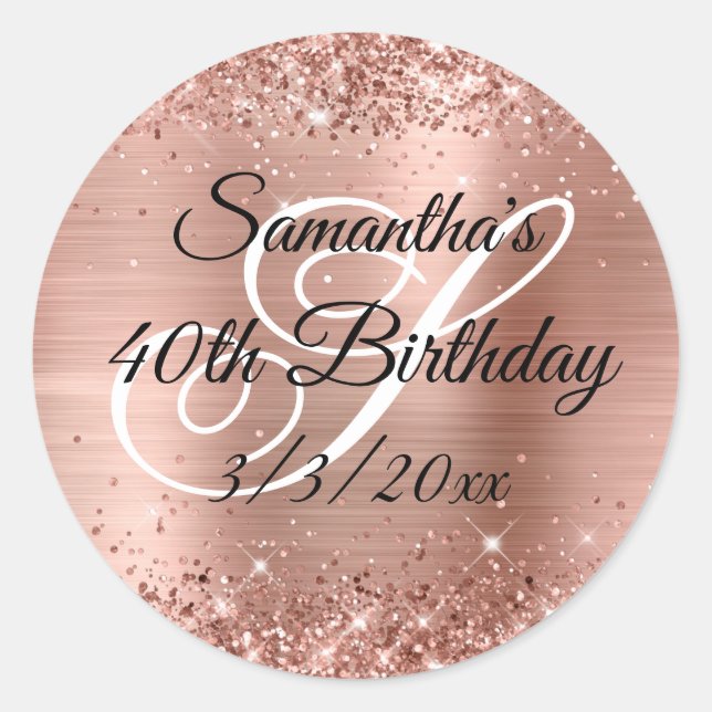 Faux Rose Gold Glitter and Foil 40th Birthday Classic Round Sticker (Front)