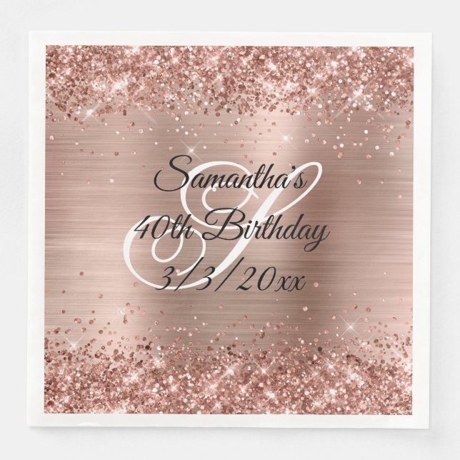 Faux Rose Gold Glitter and Foil 40th Birthday Napkin (Front)