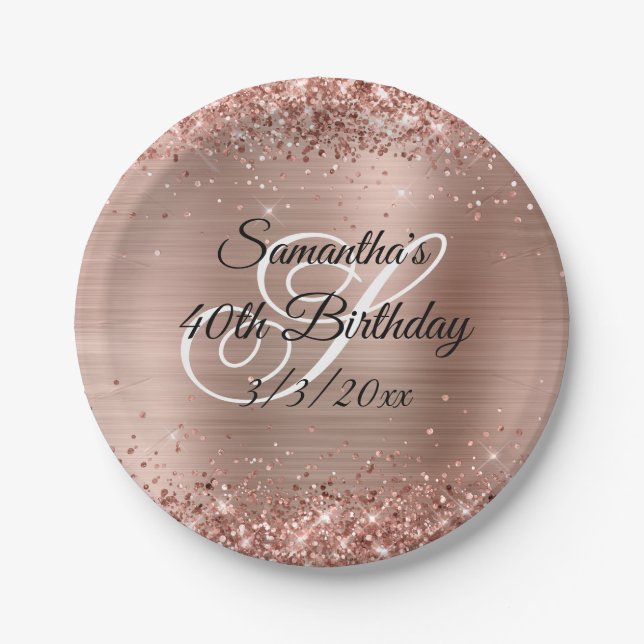 Faux Rose Gold Glitter and Foil 40th Birthday Paper Plate (Front)