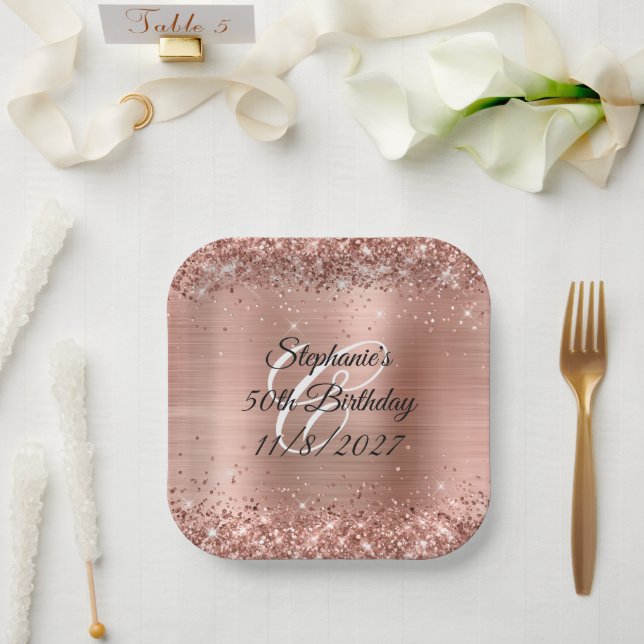 Faux Rose Gold Glitter and Foil 50th Birthday Paper Plate (Wedding)