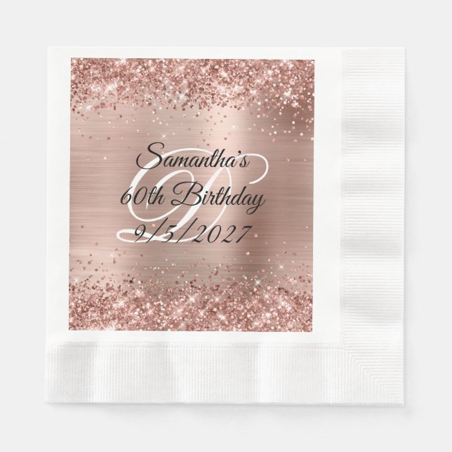 Faux Rose Gold Glitter and Foil 60th Birthday Napkin (Front)