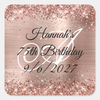 Faux Rose Gold Glitter and Foil 75th Birthday Square Sticker