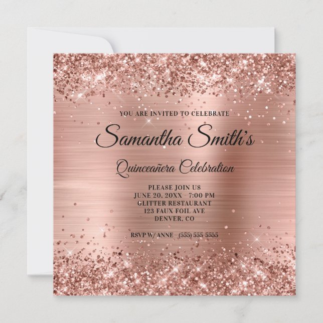 Faux Rose Gold Glitter and Foil Quinceañera Invitation (Front)