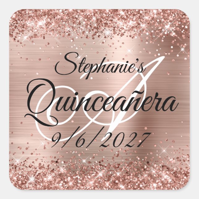 Faux Rose Gold Glitter and Foil Quinceañera Square Sticker (Front)
