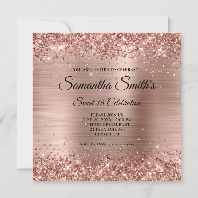 Faux Rose Gold Glitter and Foil Sweet 16 Invitation (Front)