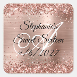 Faux Rose Gold Glitter and Foil Sweet Sixteen Square Sticker