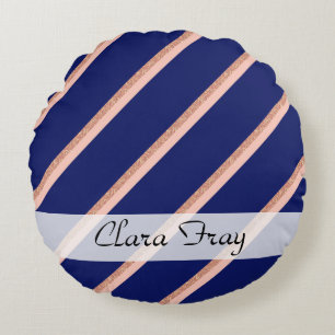 faux rose gold glitter and pink stripes pattern round cushion