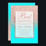 Faux rose gold glitter aqua chic Bat Mitzvah Invitation<br><div class="desc">A modern,  pretty chic and elegant faux rose gold glitter shower ombre with aqua colour block Bat Mitzvah invitation with rose gold ombre pattern fading onto an aqua background with and elegant gold frame Perfect for a princess Bat Mitzvah</div>