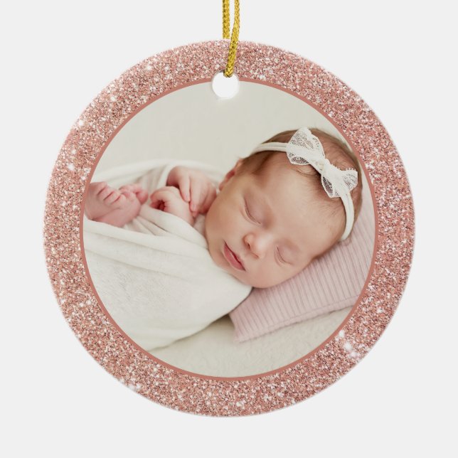 Faux Rose Gold Glitter Baby First Christmas Photo Ceramic Tree Decoration (Front)