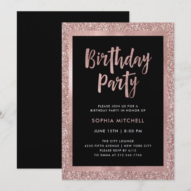 Faux Rose Gold Glitter | Birthday Party Invitation (Front/Back)