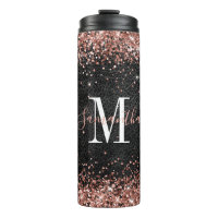 Faux Rose Gold Glitter Black Leather Monogram