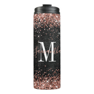 Faux Rose Gold Glitter Black Leather Monogram Thermal Tumbler