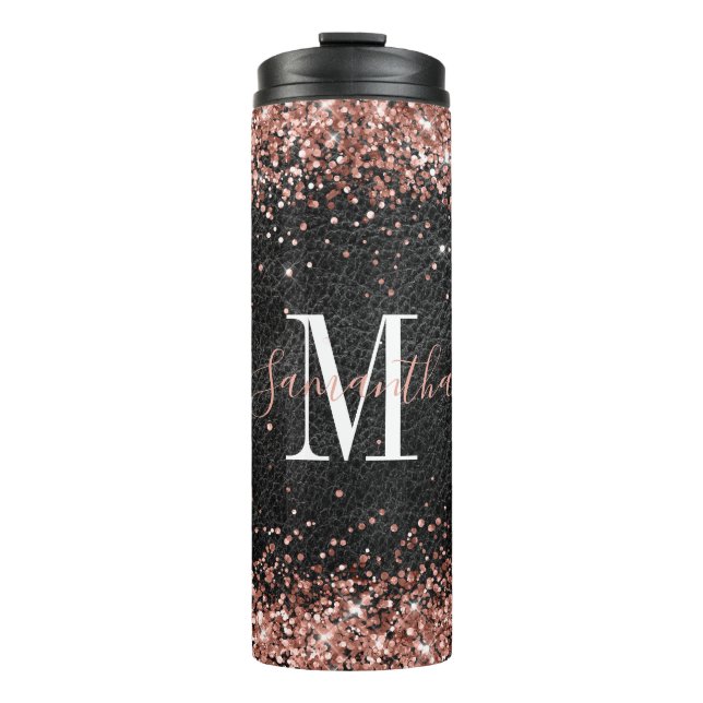 Faux Rose Gold Glitter Black Leather Monogram Thermal Tumbler (Front)