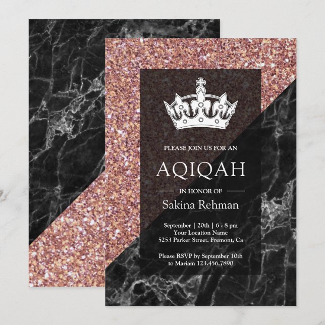 Faux Rose Gold Glitter Black Marble Aqiqah Invitation (Front/Back)