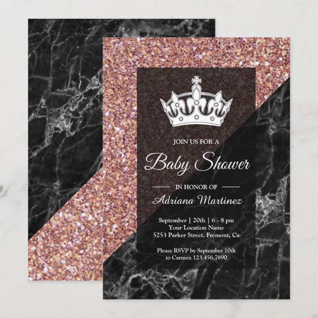 Faux Rose Gold Glitter Black Marble Baby Shower Invitation (Front/Back)