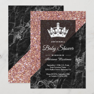Faux Rose Gold Glitter Black Marble Baby Shower Invitation