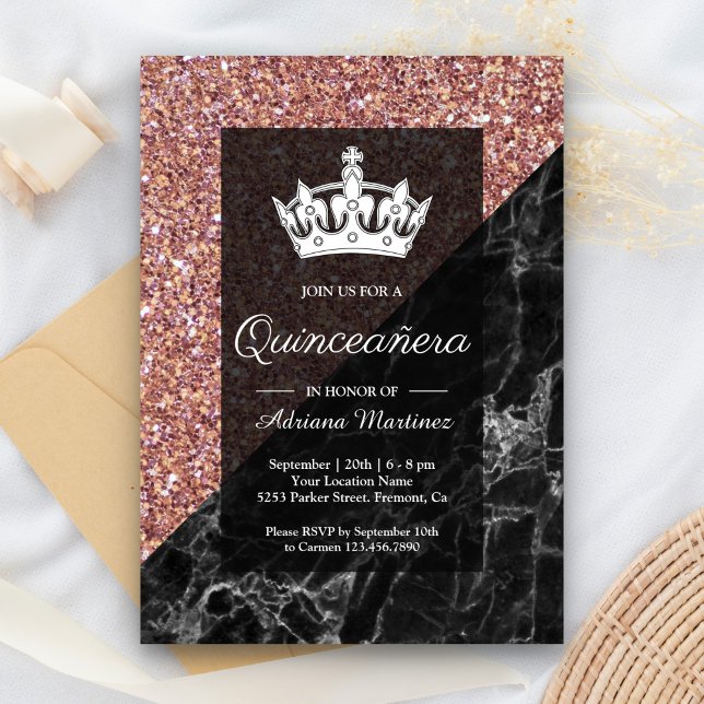 Faux Rose Gold Glitter Black Marble Quinceanera Invitation (Creator Uploaded)