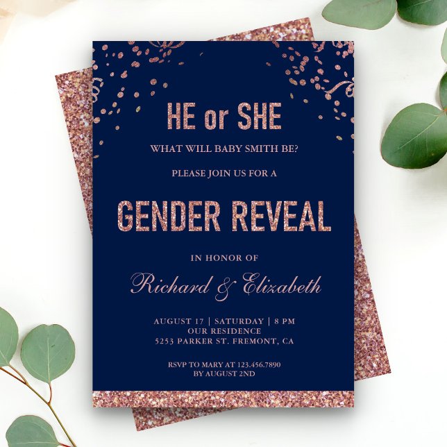 Faux Rose Gold Glitter Blue Gender Reveal Party Invitation (Creator Uploaded)