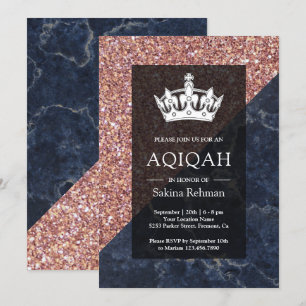 Faux Rose Gold Glitter Blue Marble Aqiqah Invitation