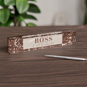 Faux Rose Gold Glitter Boss Block Desk Name Plate