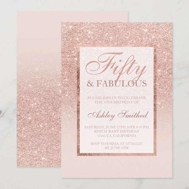 Faux rose gold glitter elegant chic 50 fabulous invitation (Front/Back)