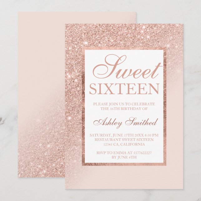 Faux rose gold glitter elegant chic Sweet 16 side Invitation (Front/Back)