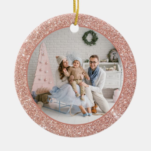 Faux Rose Gold Glitter Family Photo Christmas Ceramic Tree Decoration (Front)