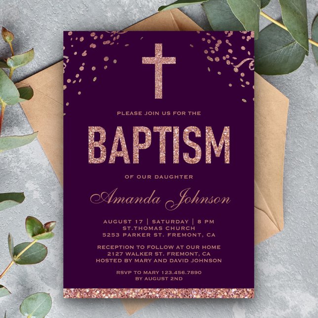Faux Rose Gold Glitter Girls Purple Baptism Invitation (Creator Uploaded)