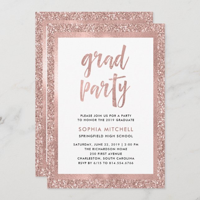 Faux Rose Gold Glitter | Graduation Party Photo Invitation (Front/Back)